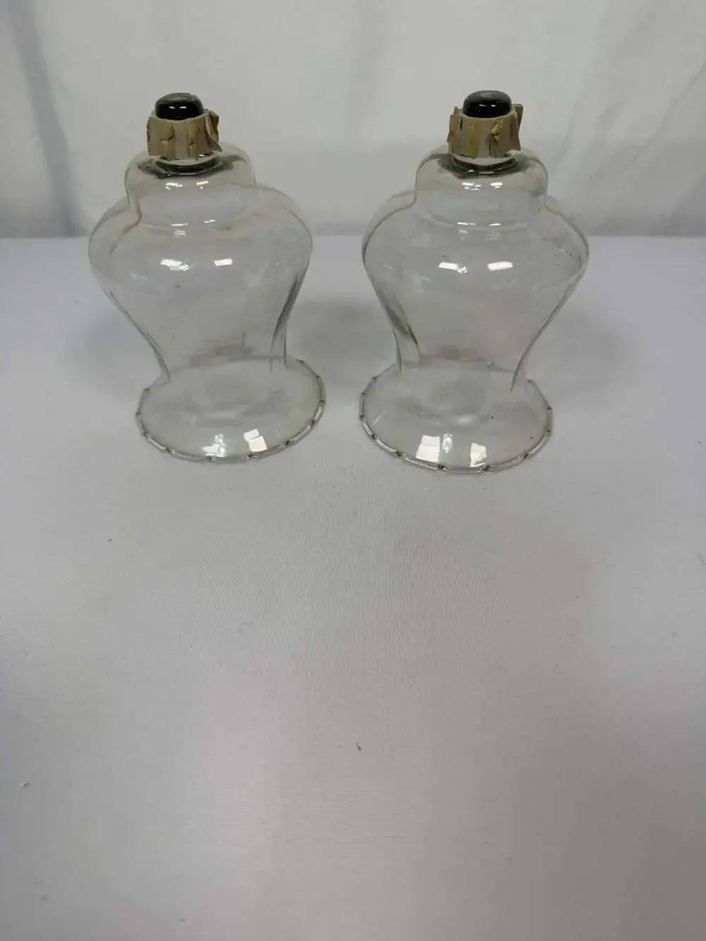 Set of 2 Vintage Clear Glass Peg Votive Candle Cup Holders with Scalloped Edges